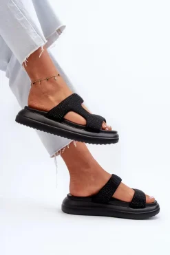 Boto Klapki Damskie Klasyczne*Zdobione Klapki Damskie Na Platformie Czarne Jestella Czarny