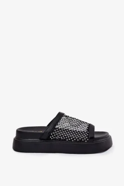 Damskie buty S.Barski Zdobione Klapki Damskie Na Platformie Z Siateczką S.Barski MY51-016 Czarne