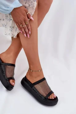 Damskie buty S.Barski Zdobione Klapki Damskie Na Platformie Z Siateczką S.Barski MY51-016 Czarne