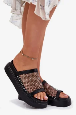 Damskie buty S.Barski Zdobione Klapki Damskie Na Platformie Z Siateczką S.Barski MY51-016 Czarne