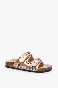 Damskie buty S.Barski Klapki Korkowe|Klapki Na Platformie*Zdobione Klapki Damskie Z Klamrami S.Barski MY121 Złote