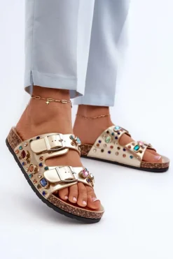 Damskie buty S.Barski Klapki Korkowe|Klapki Na Platformie*Zdobione Klapki Damskie Z Klamrami S.Barski MY121 Złote