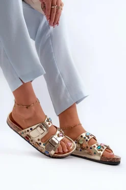 Damskie buty S.Barski Klapki Korkowe|Klapki Na Platformie*Zdobione Klapki Damskie Z Klamrami S.Barski MY121 Złote