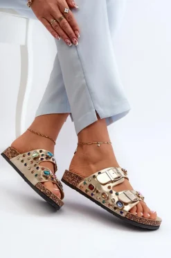 Damskie buty S.Barski Klapki Korkowe|Klapki Na Platformie*Zdobione Klapki Damskie Z Klamrami S.Barski MY121 Złote