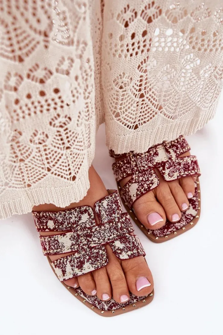 Boto Klapki Damskie Klasyczne*Zdobione Klapki Na Płaskim Obcasie Bordowe Anniles Czerwony