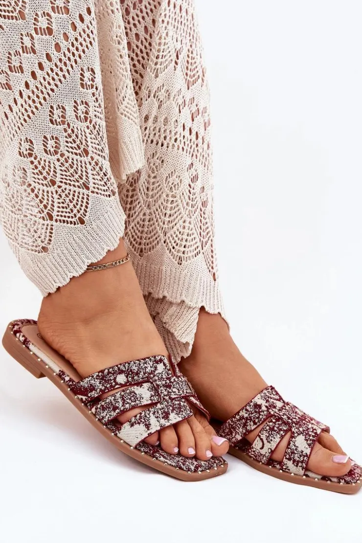 Boto Klapki Damskie Klasyczne*Zdobione Klapki Na Płaskim Obcasie Bordowe Anniles Czerwony