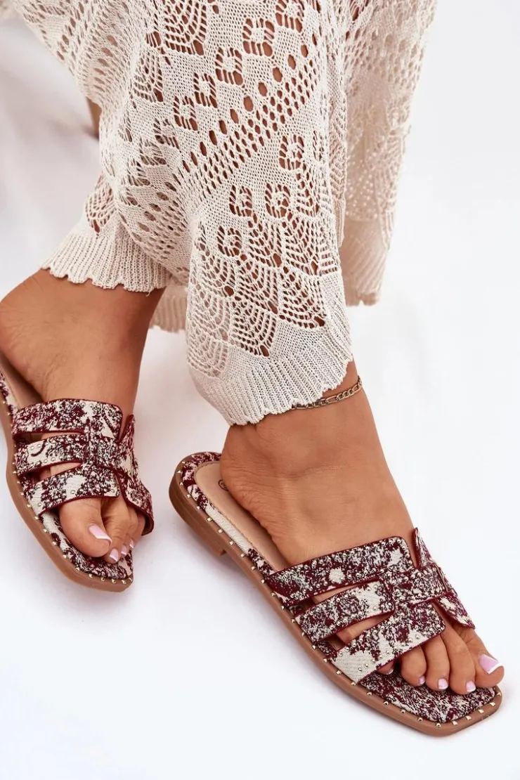 Boto Klapki Damskie Klasyczne*Zdobione Klapki Na Płaskim Obcasie Bordowe Anniles Czerwony