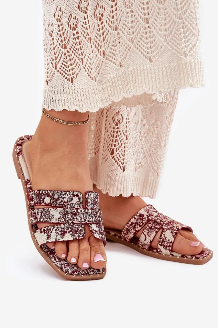 Boto Klapki Damskie Klasyczne*Zdobione Klapki Na Płaskim Obcasie Bordowe Anniles Czerwony