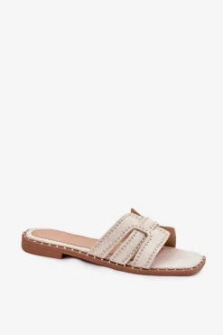 Damskie Boto Zdobione Klapki Na Płaskim Obcasie Beżowe Anniles