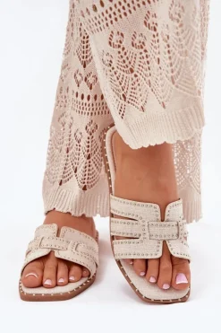 Damskie Boto Zdobione Klapki Na Płaskim Obcasie Beżowe Anniles