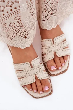 Damskie Boto Zdobione Klapki Na Płaskim Obcasie Beżowe Anniles