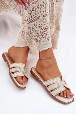 Damskie Boto Zdobione Klapki Na Płaskim Obcasie Beżowe Anniles