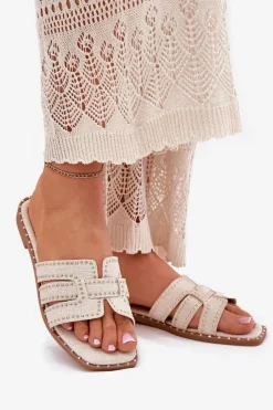 Damskie Boto Zdobione Klapki Na Płaskim Obcasie Beżowe Anniles