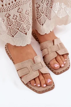 Boto Klapki Damskie Klasyczne*Zdobione Klapki Na Płaskim Obcasie Khaki Anniles