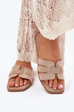 Boto Klapki Damskie Klasyczne*Zdobione Klapki Na Płaskim Obcasie Khaki Anniles