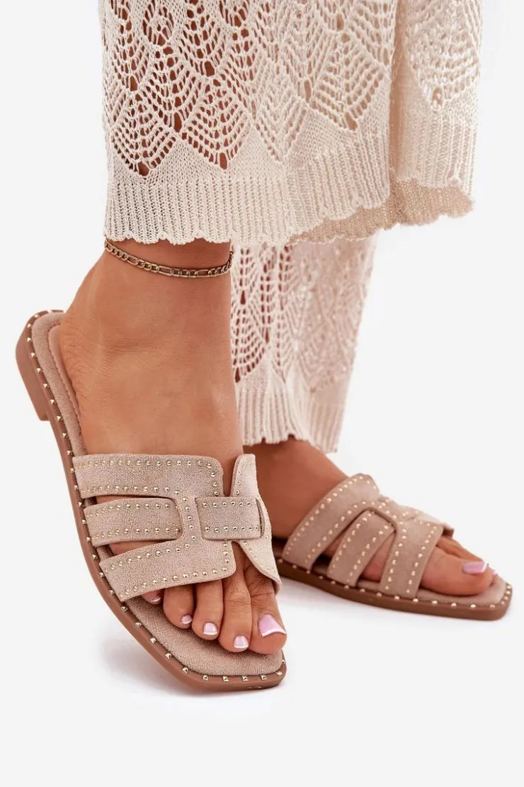 Boto Klapki Damskie Klasyczne*Zdobione Klapki Na Płaskim Obcasie Khaki Anniles