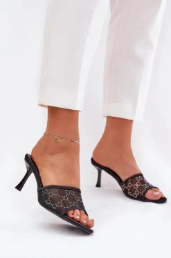 Damskie Boto Zdobione Klapki Na Szpilce Czarne Ennoriel