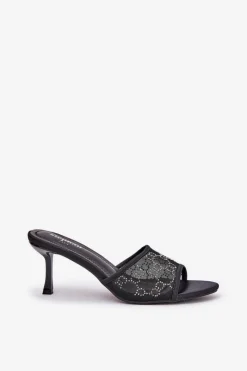Damskie Boto Zdobione Klapki Na Szpilce Czarne Ennoriel