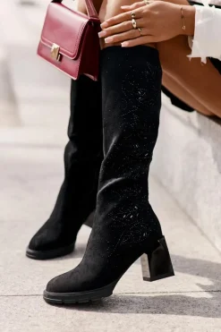 Damskie buty S.Barski Zdobione Kozaki Damskie Przed Kolano Ocieplane Na Słupku MR880-158 Czarne