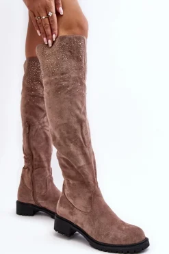 Boto Kozaki Płaskie|Kozaki Zamszowe*Zdobione Kozaki Damskie Za Kolano Na Płaskim Obcasie Beżowe Cintya