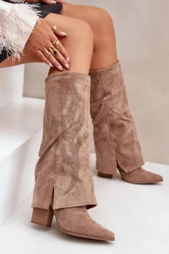 Damskie Boto Zdobione Kozaki Z Wywiniętą Cholewką Na Słupku Ciemnobeżowe Ivilta