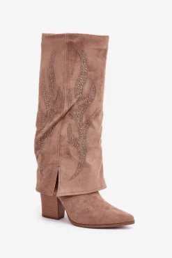 Damskie Boto Zdobione Kozaki Z Wywiniętą Cholewką Na Słupku Ciemnobeżowe Ivilta