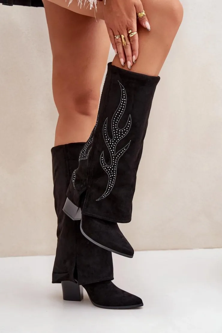 Online Boto Zdobione Kozaki Z Wywiniętą Cholewką Na Słupku Czarne Ivilta Czarny