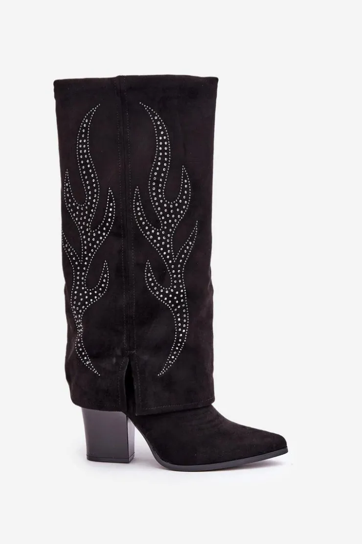 Online Boto Zdobione Kozaki Z Wywiniętą Cholewką Na Słupku Czarne Ivilta Czarny