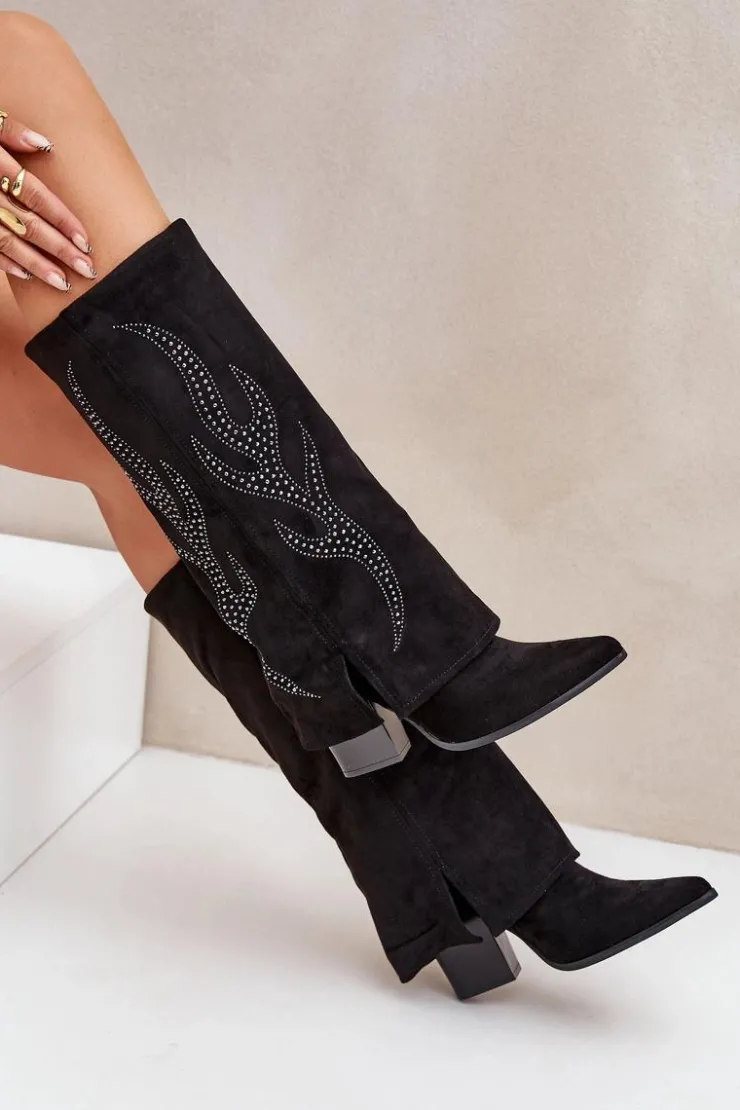 Online Boto Zdobione Kozaki Z Wywiniętą Cholewką Na Słupku Czarne Ivilta Czarny