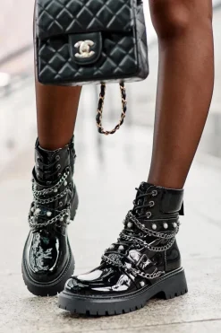 Hot Boto Zdobione Lakierowane Damskie Botki Workery Czarne Sibenna