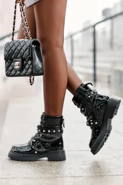 Hot Boto Zdobione Lakierowane Damskie Botki Workery Czarne Sibenna