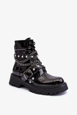 Hot Boto Zdobione Lakierowane Damskie Botki Workery Czarne Sibenna