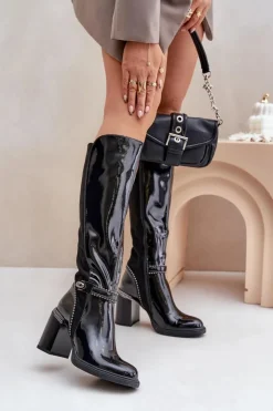 Damskie Damskie buty S.Barski Zdobione Lakierowane Kozaki Damskie Na Słupku D&A MR880-055 Czarne