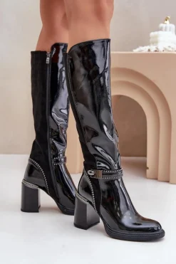 Damskie Damskie buty S.Barski Zdobione Lakierowane Kozaki Damskie Na Słupku D&A MR880-055 Czarne