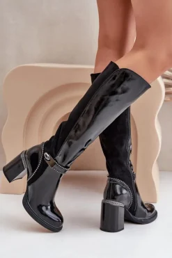 Damskie Damskie buty S.Barski Zdobione Lakierowane Kozaki Damskie Na Słupku D&A MR880-055 Czarne