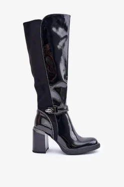 Damskie Damskie buty S.Barski Zdobione Lakierowane Kozaki Damskie Na Słupku D&A MR880-055 Czarne