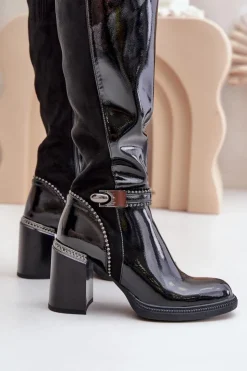 Damskie Damskie buty S.Barski Zdobione Lakierowane Kozaki Damskie Na Słupku D&A MR880-055 Czarne