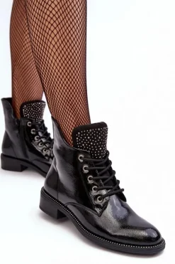 Discount Boto Zdobione Lakierowane Niskie Botki Damskie Czarne Hattia