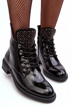 Discount Boto Zdobione Lakierowane Niskie Botki Damskie Czarne Hattia