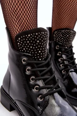 Discount Boto Zdobione Lakierowane Niskie Botki Damskie Czarne Hattia