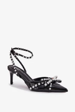 Hot Boto Zdobione Lakierowane Szpilki Z Odkrytą Piętą Czarne Redaine