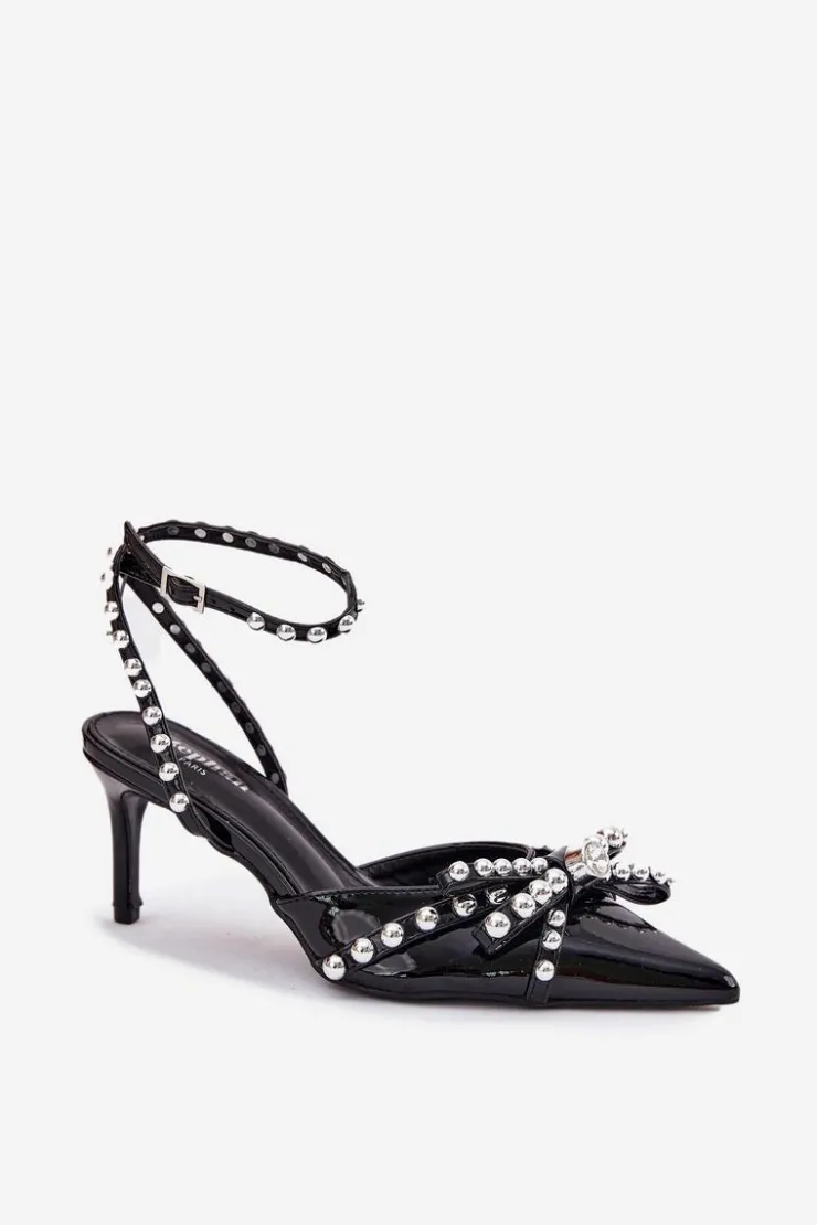 Hot Boto Zdobione Lakierowane Szpilki Z Odkrytą Piętą Czarne Redaine