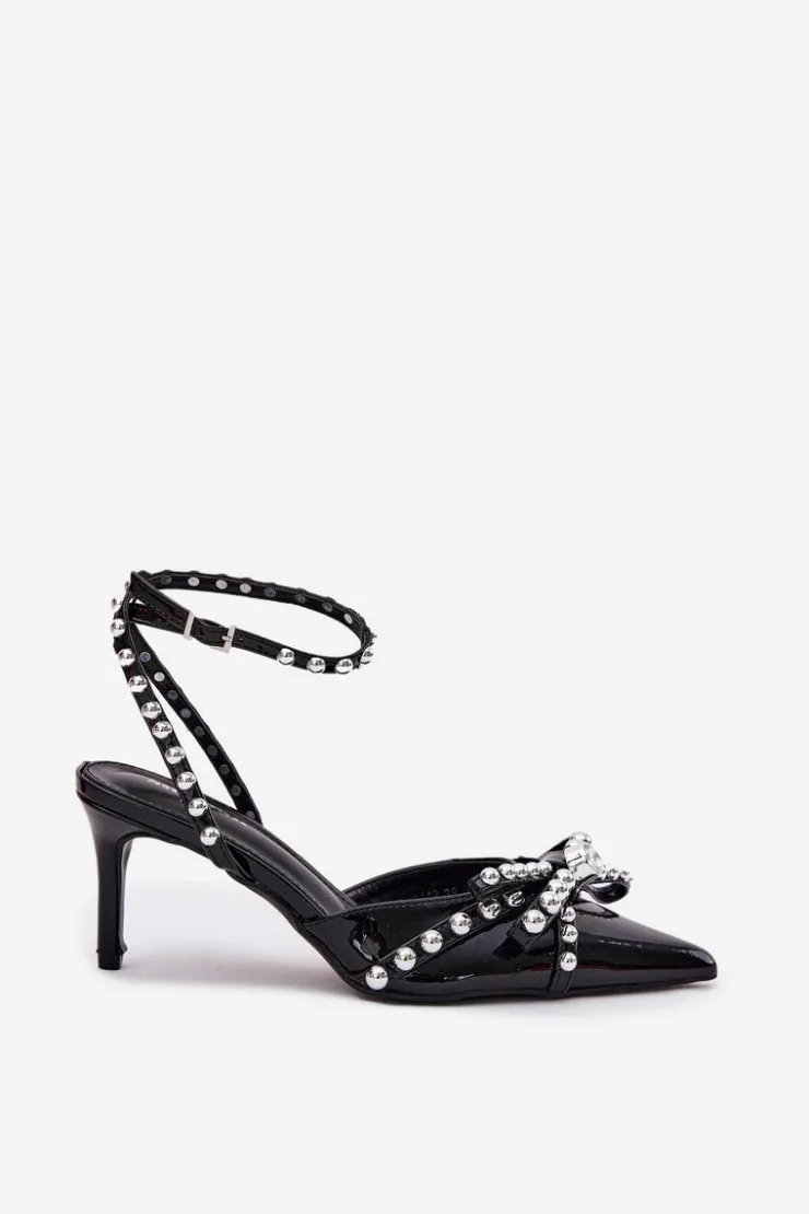 Hot Boto Zdobione Lakierowane Szpilki Z Odkrytą Piętą Czarne Redaine