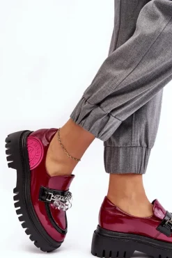 Maciejka Półbuty Skórzane|Mokasyny Damskie Skórzane*Zdobione Masywne Skórzane Półbuty Damskie 06294-15 Fuksja