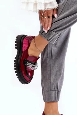 Maciejka Półbuty Skórzane|Mokasyny Damskie Skórzane*Zdobione Masywne Skórzane Półbuty Damskie 06294-15 Fuksja