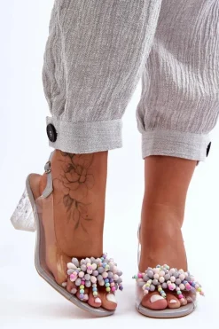 Discount Damskie buty S.Barski Zdobione Modne Sandały Na Słupku Szare S.Barski MR1037-23