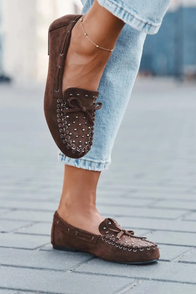 Online Boto Zdobione Mokasyny Damskie Z Eko Zamszu Brązowe Prissine