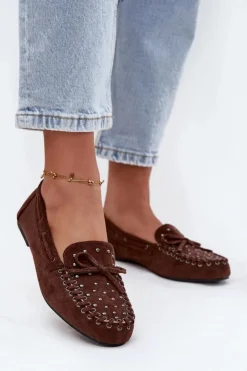 Online Boto Zdobione Mokasyny Damskie Z Eko Zamszu Brązowe Prissine