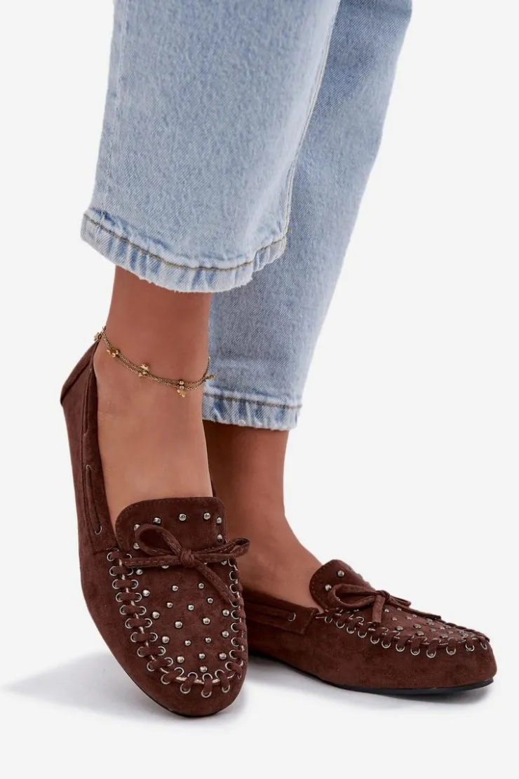 Online Boto Zdobione Mokasyny Damskie Z Eko Zamszu Brązowe Prissine