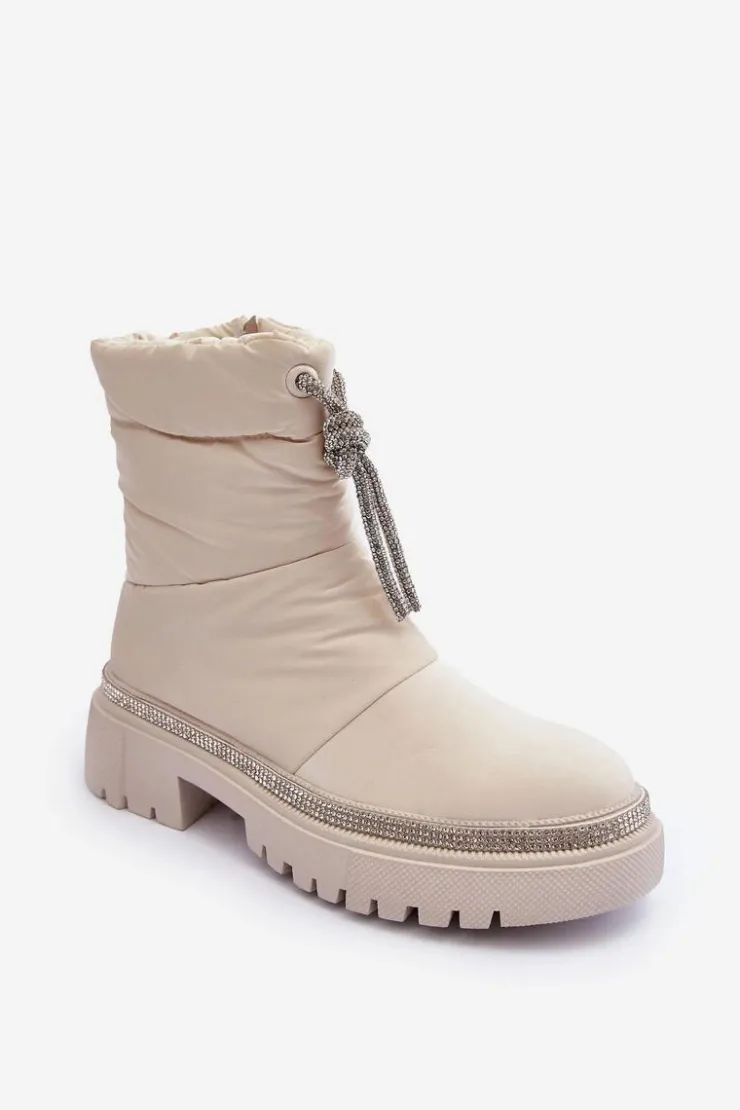 Damskie Boto Zdobione Śniegowce Na Płaskim Obcasie Jasnobeżowe Plotia